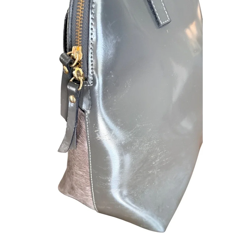 A. Bellucci Grey Patent Leather and Pony Hair Dome Satchel Handbag